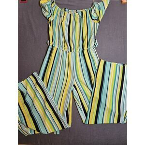Tacera Jumpsuit Womens Medium Colorful Striped Wide Leg Faux Wrap